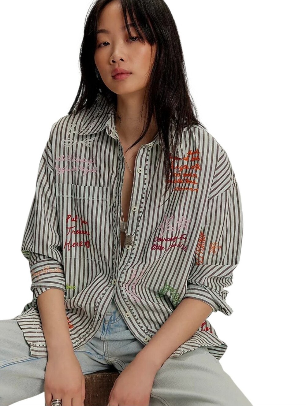 Free People We the Free Summer Road Trip Button Down Blue Combo XS